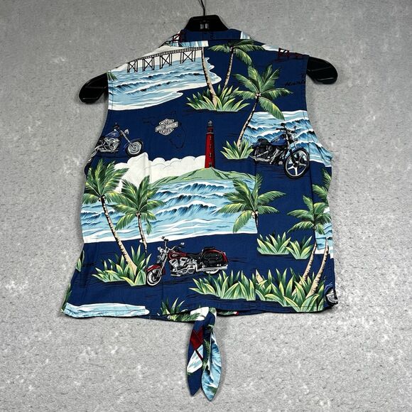 VTG Harley Davidson Hawaiian Shirt SMALL Motorcycles Sleeveless Biker Made USA - Picture 8 of 11